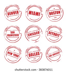 Red vector grunge stamp, American Cities. Denver, Miami, Boston, Chicago, Dallas.