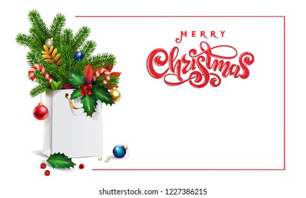 Red Vector hand drawn lettering text Merry Christmas. 3d Shopping bag, bouquet spruce, fir branches, xmas toys, colorful balls, holly berries, leaves, sweets, empty space for Christmas festive text