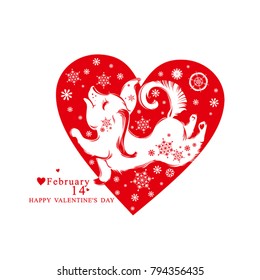 Red vector heart flat pattern. Cute puppy in the heart catches snowflakes. Vector illustration by Valentine's Day.