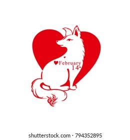 Red vector heart flat template. Cute dog in the heart. Vector illustration by February 14 Valentine's Day.