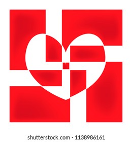 red vector heart from geometric figures in cubism style, isolated on white.