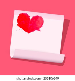 Red Vector Heart on Paper Sheet on Pink Background