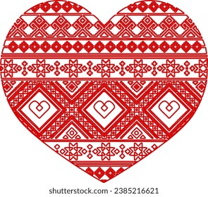 Red vector heart with ornament. The pattern on the heart is embroidery in Ukrainian style. Graphics for weddings and Valentine's Day. Vector illustration on a transparent background.