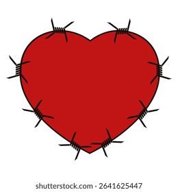 Red vector heart with razor wire. Brutal love symbol isolated transparent background. Gotchic art perfect for tattoo design. EPS 10  
