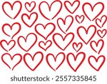 Red vector heart set, line art doodle illustration, cartoon hearts, love symbol, valentine day decoration collection