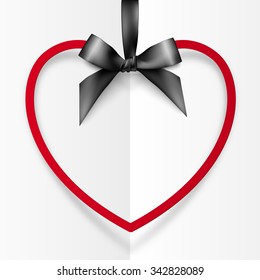 Red vector heart shape frame hanging on silky black ribbon with bow