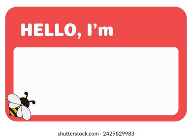 Red vector "HELLO, I'm" label with bee sticker isolated on white background.