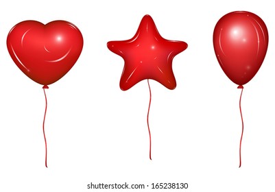 Red vector holiday balloons with ribbons. Heart, Star and simple form. Vector Illustration, isolated on white background.