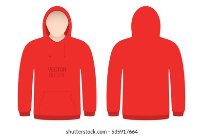 Red vector hoodie template. Model man dressed in a red hoodie, isolated on a white background.