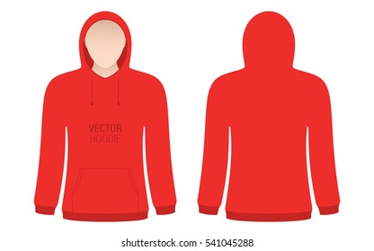Red vector hoodie template. Model woman dressed in a red hoodie, isolated on a white background.