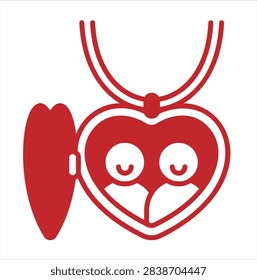 Red vector icon of an open heart-shaped locket necklace featuring two smiling figures inside the pendant. A romantic and meaningful jewelry symbol suitable for love, relationship, anniversary, wedding, Valentine’s Day, gift, and fashion accessory designs.
