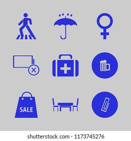 red vector icons set. with beer glass, first aid bag, female gender symbol and table chairs in set