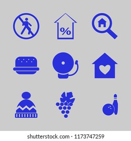 red vector icons set. with house heart, no pedestrian crossing, school bell and winter hat in set