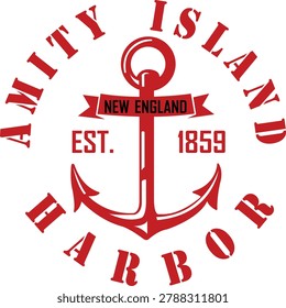A red vector illustration of an anchor with the text New England on a banner across it. The words Amity Island Harbor curve around the top and bottom, with Est. 1859 to the left and right of the anchor.