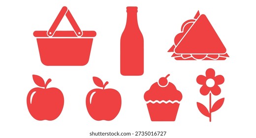 A red vector illustration featuring picnic items: basket, bottle, sandwich, apples, cupcake, and flower.