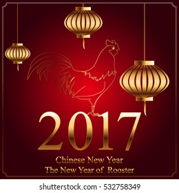 Red vector illustration of a golden rooster, frame and lanterns to celebrate Chinese New Year
