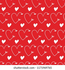 red vector illustration. Hearts in form of arrows seamless backgrounds for Valentine's Day. Romantic illustration for wallpaper, wrapping, design of greeting cards, leaflets, holiday invitations.