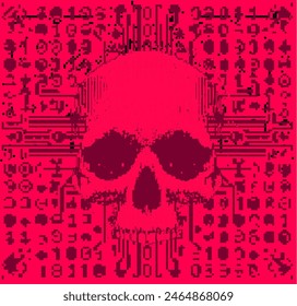 Eine rote Vektorillustration eines menschlichen Schädels und kryptische Symbole, die das Malware-Konzept reflektieren.