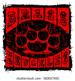 Red vector illustration knuckles on abstract grunge background. Inscription brass knuckles. For t-shirt design.