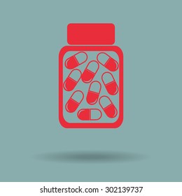 Red Vector illustration of medical bottle with pills
