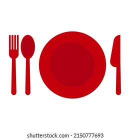 Red vector illustration plate with spoon, knife and fork icon on white background