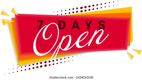 Red Vector Illustration Sign Seven Days Open. Illustrations For Promotion Marketing For Prints And Posters, Menu Design, Shop Cards, Cafe, Restaurant Badges, Tags, Packaging etc. eps 10