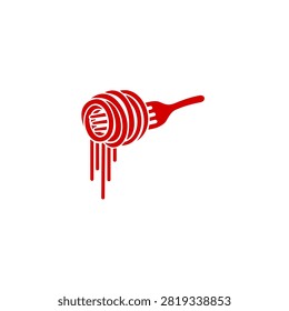 Red vector illustration of spaghetti or noodles twirled around a fork on a plain white background