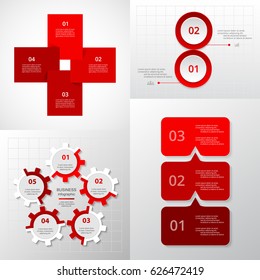 Red vector infographic set. Business diagrams, round arrows graphs, puzzle presentations and charts. Data infographics with 2, 3, 4, 5 options, parts, steps, cycle processes.