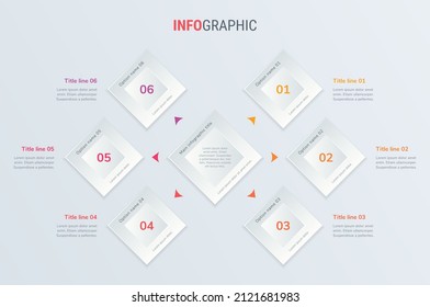 Rote Vektorgrafik-Timeline-Design-Vorlage mit quadratischen Elementen. Inhalt, Zeitplan, Zeitleiste, Diagramm, Workflow, Business, Infografik, Flussdiagramm. 6 Optionen Infografik.