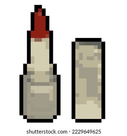 Red vector isolated illustration of a pixel red lipstick on a white background. Cosmetics, fashion, vogue. Retro game 8 bit art style