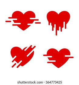 Red vector logo set. Collection of love images. St. Valentines Day symbols. Graphic crying, bleeding heart hearts. 