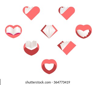 Red vector logos set. Collection of love images. St. Valentines Day symbols. Books inside of hearts.
