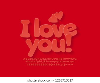 Red vector I Love you card for Saint Valentines Day. Cute Alphabet Letters, Numbers and Symbols with Shadow.