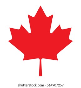 A red vector maple leaf on a solid white background. Maple leaves like this one are the main symbol of Canada and can be seen featured on the Canadian flag.