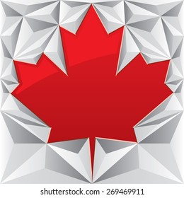 A red vector maple leaf is surrounded by a silver low poly background.