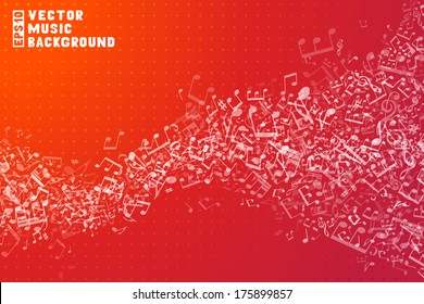 Red Vector Music Background. Set Of White Music Elements On Red Background. Music Abstract Wave Of Notes And Treble Clefs.