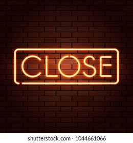 Red vector neon lights uppercase signs CLOSE. Illustration transparent on realistic brick wall.