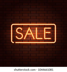Red vector neon lights uppercase signs SALE. Illustration transparent on realistic brick wall.