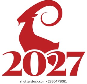 A red vector number 2027, with the two stylized as a goat's head. Bright New Year's and sports decor for clothing, merchandise, and New Year's paraphernalia