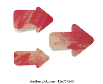 Red vector old paper textured arrows collection with hand painted watercolor daubs
