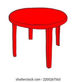 A Red Vector Outline Illustration Of A Round Plastic Table Isolated On A White Background