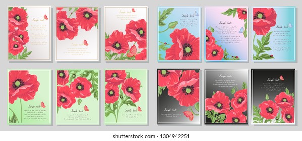 Red vector poppy flowers. Postcards on colored background with poppy flowers with leaves, buds, butterfly ladybug. Set of templates for invitation cards, wedding, banners, sales, brochure cover design