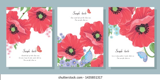 Red vector poppy flowers. Set of postcards with wild flowers: poppy leaves, buds, ladybug and butterfly. Collection of templates for wedding invitation cards banners sales brochure cover design.Vector