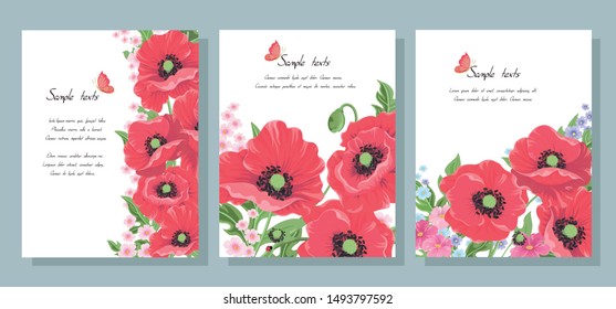 Red vector poppy flowers. Set of postcards with wild flowers: poppy leaves, buds, ladybug and butterfly. Collection of templates for wedding invitation cards banners sales brochure cover design.Vector