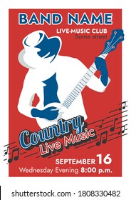 Red vector poster "Live Country Music" featuring a musician wearing a hat. Vector poster template - cowboy playing the banjo.