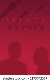 Afiche vectorial rojo sobre un tema militar con siluetas de políticos y cohetes volando en el cielo.