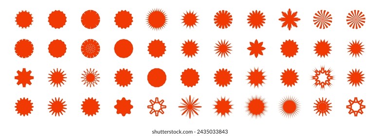 Red vector price stickers set. Red star shaped icons, badges, labels. Sunburst circle tags. Vintage promotion offer elements. Promo tags, attention symbol element stickers. Retro Swiss style graphics