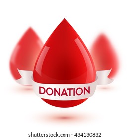 Red vector realistic blood drops with white ribbon and donation sign