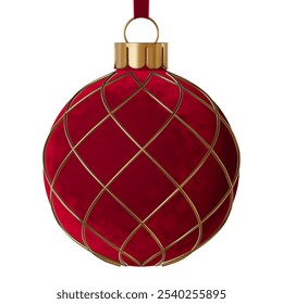 Red vector realistic velvet Christmas ball ornament. Festive bauble with gold crisscross diagonal decor, isolated on a white background.