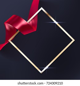 Red vector ribbon and elegant golden frame on black background, luxury banner template. Award ceremony background.